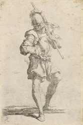 Ein Krieger, der einen Stab über die Schulter hält und von einem niedrigen Vorsprung tritt, ca. 1656-57